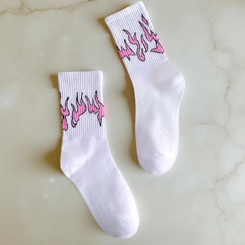 New Pink Flame White Crew Socks Y2k Novelty Calf Trippy Hippie